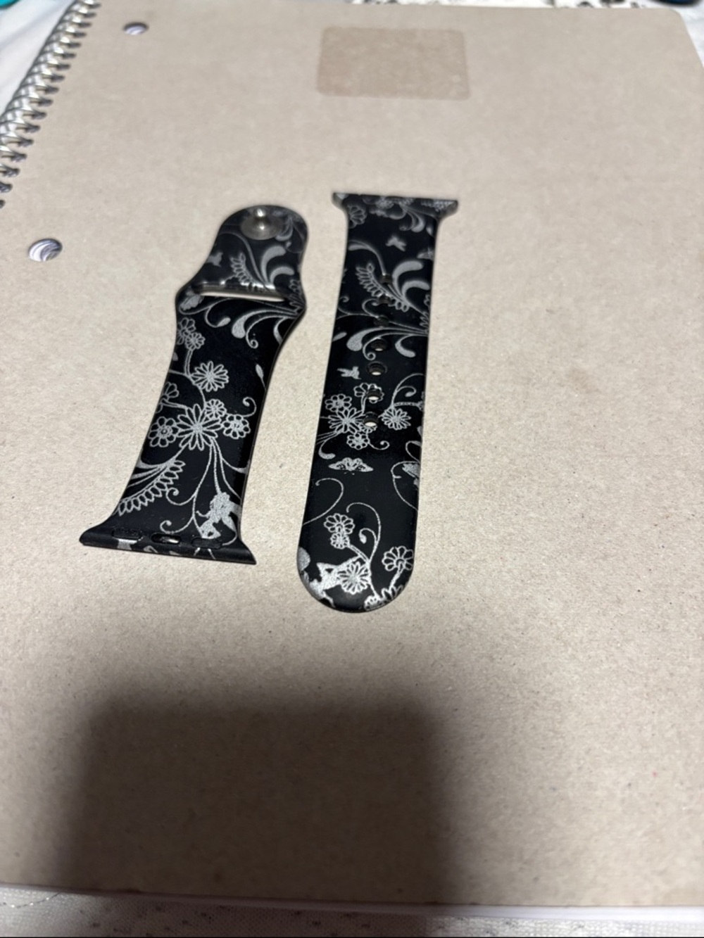 Black Floral Silicone Apple Watch Band - Silver Flower Print